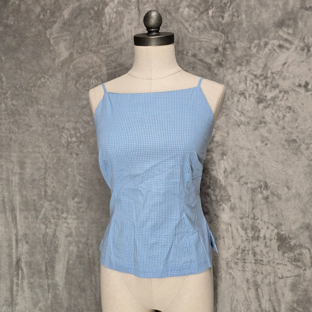 Vtg Y2K At Last Woven Tank Top Women M Blue Gingham Tie Open Back Cottage Preppy